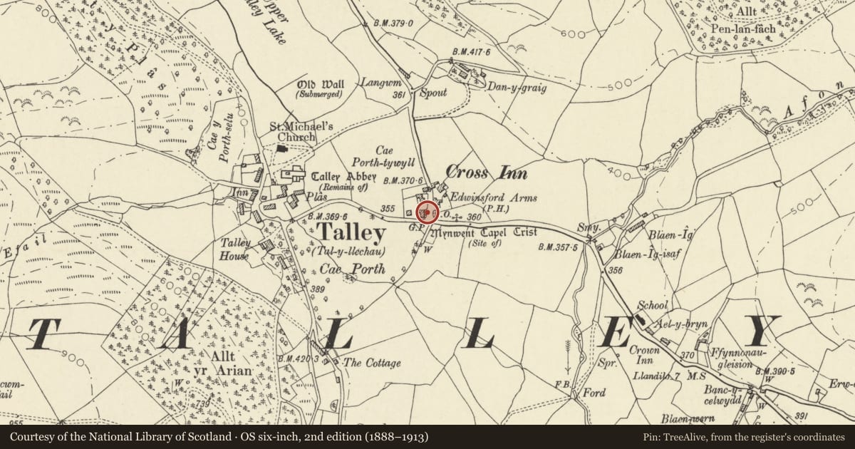 Ordnance Survey six-inch map, 2nd edition (1888–1913) covering the location of Telephone Call-box at road junction set against wall of Pretoria House, Talley, Carmarthenshire, with a pin at the register's coordinates