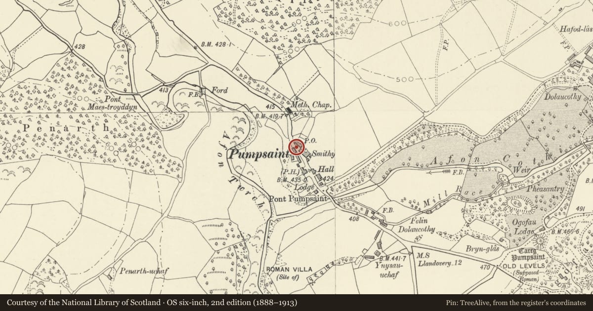 Ordnance Survey six-inch map, 2nd edition (1888–1913) covering the location of Telephone Call-box to front of Post Office (tel no: 01558 650395), Cynwyl Gaeo, Carmarthenshire, with a pin at the register's coordinates
