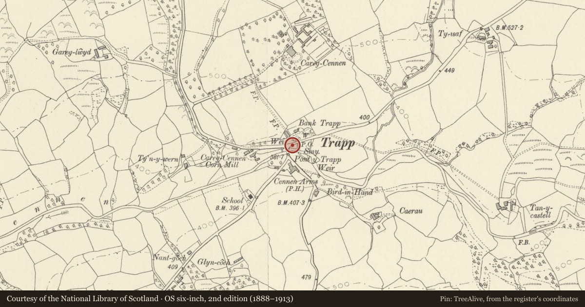 Ordnance Survey six-inch map, 2nd edition (1888–1913) covering the location of Telephone call-box (01558 823304), Dyffryn Cennen, Carmarthenshire, with a pin at the register's coordinates