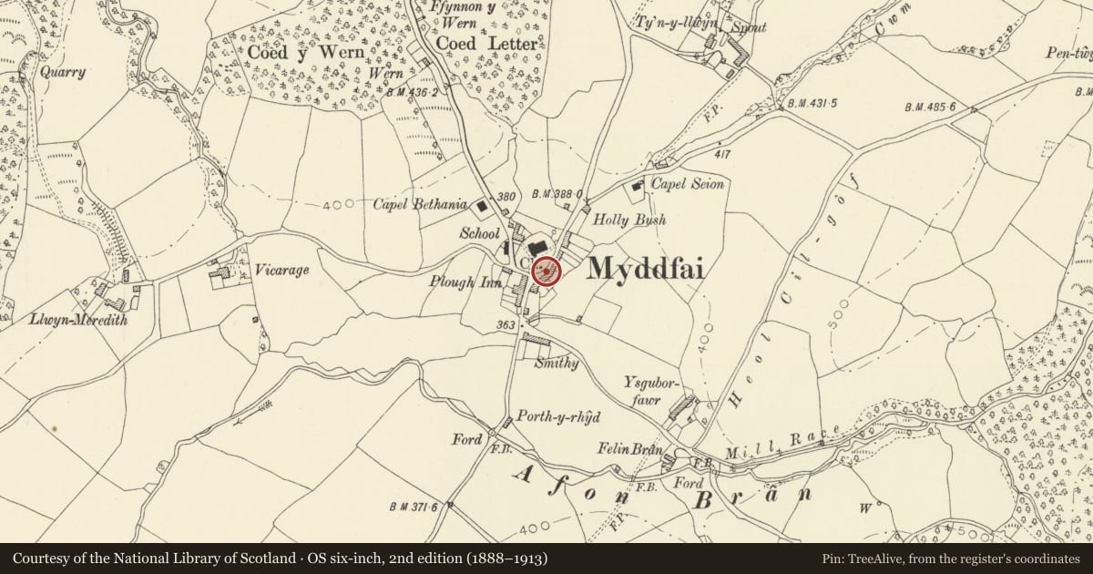 Ordnance Survey six-inch map, 2nd edition (1888–1913) covering the location of Telephone Call-box (01550 720559), Myddfai, Carmarthenshire, with a pin at the register's coordinates