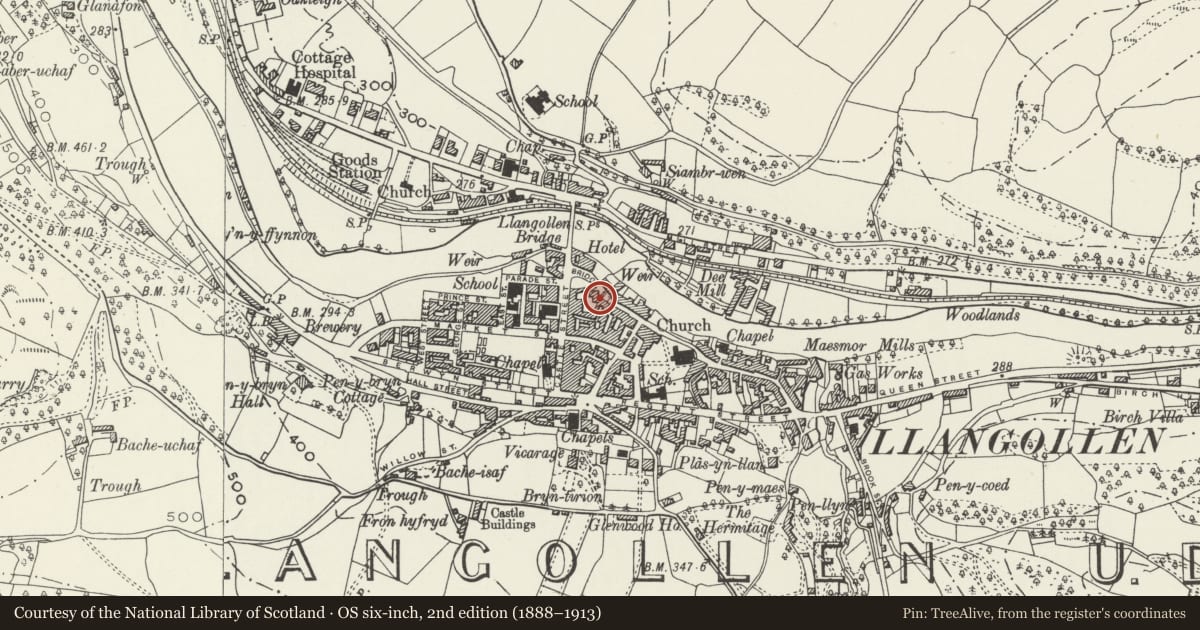 Ordnance Survey six-inch map, 2nd edition (1888–1913) covering the location of 12 Bridge Street, Llangollen, Denbighshire, with a pin at the register's coordinates