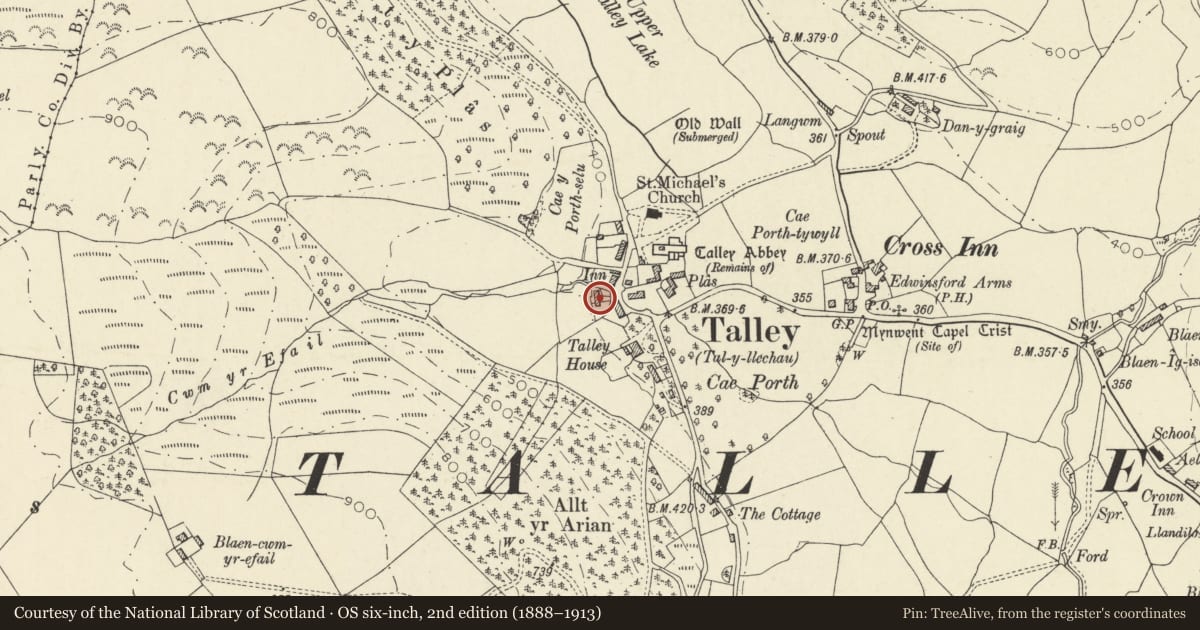 Ordnance Survey six-inch map, 2nd edition (1888–1913) covering the location of Kingscourt, Talley, Carmarthenshire, with a pin at the register's coordinates