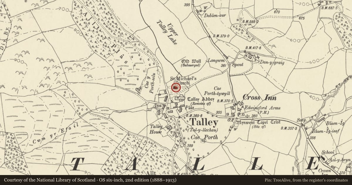 Ordnance Survey six-inch map, 2nd edition (1888–1913) covering the location of Parish Church of St Michael, Talley, Carmarthenshire, with a pin at the register's coordinates