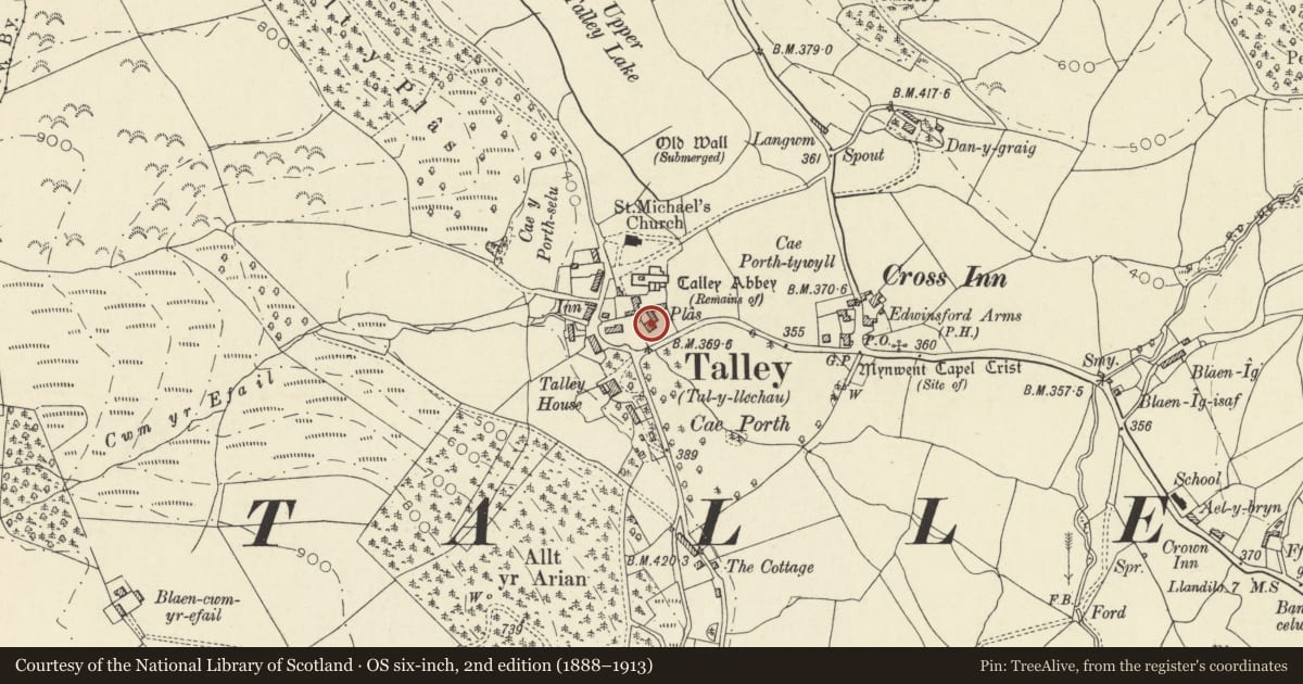 Ordnance Survey six-inch map, 2nd edition (1888–1913) covering the location of Y Plas, Talley, Carmarthenshire, with a pin at the register's coordinates
