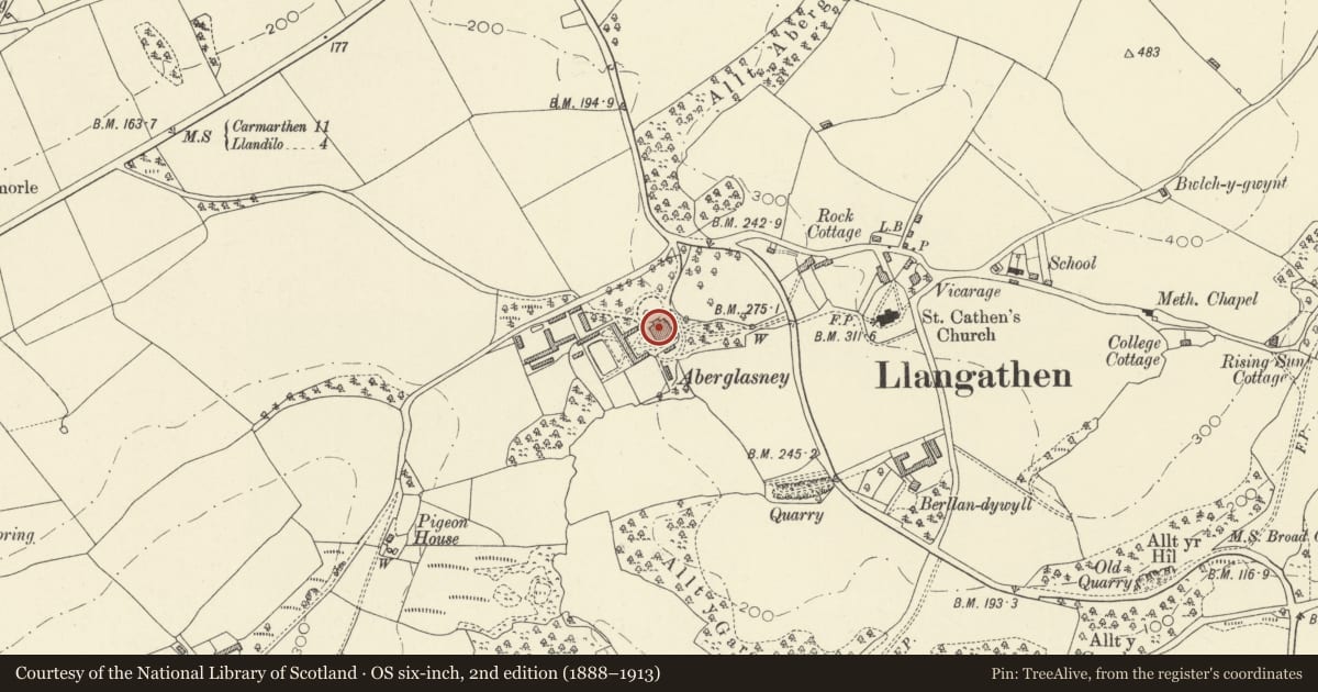 Ordnance Survey six-inch map, 2nd edition (1888–1913) covering the location of Aberglasney, Llangathen, Carmarthenshire, with a pin at the register's coordinates