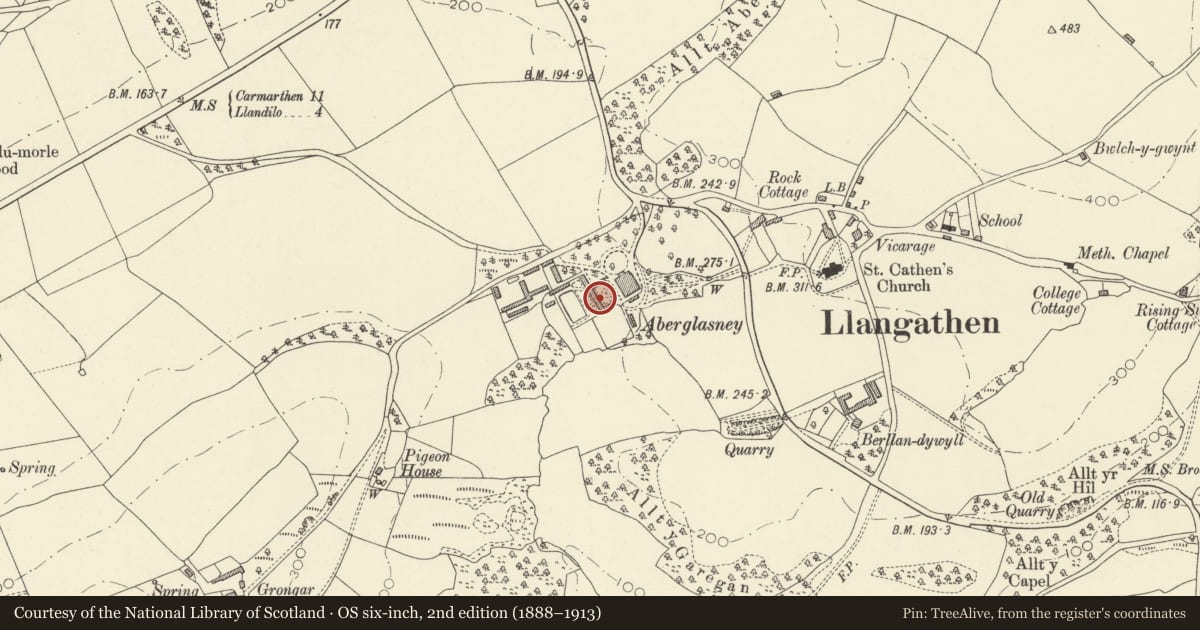 Ordnance Survey six-inch map, 2nd edition (1888–1913) covering the location of Arcaded terrace walks enclosing walled garden at Aberglasney, Llangathen, Carmarthenshire, with a pin at the register's coordinates