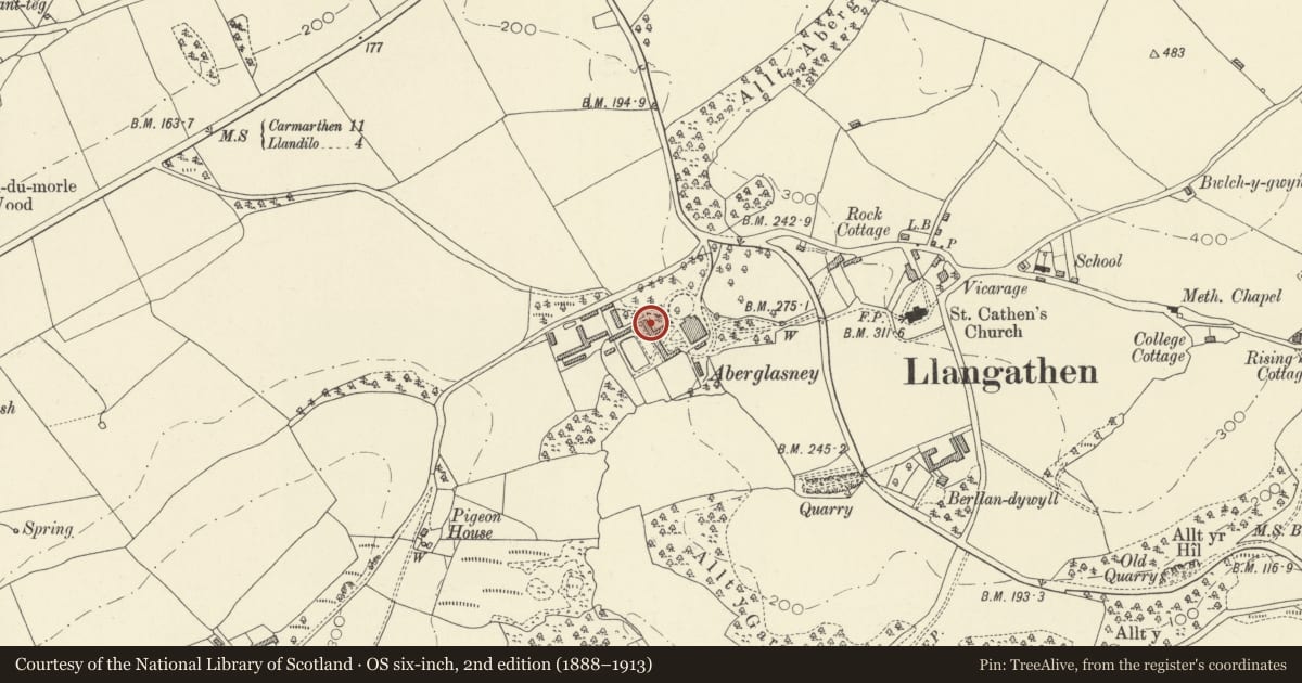 Ordnance Survey six-inch map, 2nd edition (1888–1913) covering the location of Gardener's Cottage Café at Aberglasney, Llangathen, Carmarthenshire, with a pin at the register's coordinates