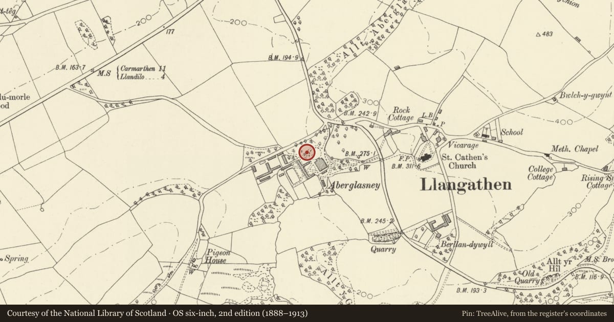 Ordnance Survey six-inch map, 2nd edition (1888–1913) covering the location of Gatehouse at Aberglasney, Llangathen, Carmarthenshire, with a pin at the register's coordinates