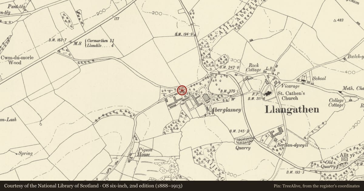 Ordnance Survey six-inch map, 2nd edition (1888–1913) covering the location of Lodge to Aberglasney, including stone archways into courtyard, Llangathen, Carmarthenshire, with a pin at the register's coordinates