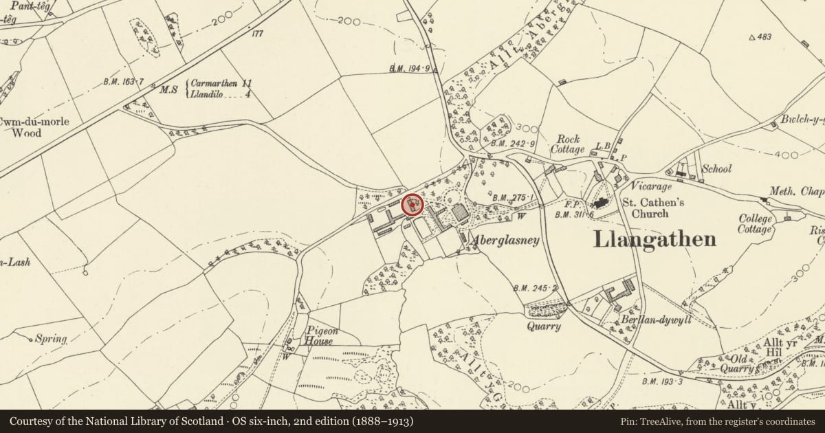 Ordnance Survey six-inch map, 2nd edition (1888–1913) covering the location of NE courtyard range at Aberglasney, incorporating stables and cart shed, Llangathen, Carmarthenshire, with a pin at the register's coordinates