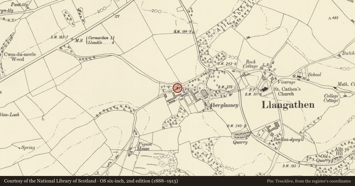 Ordnance Survey six-inch map, 2nd edition (1888–1913) covering the location of East Bailiffs Lodge at Aberglasney, Llangathen, Carmarthenshire, with a pin at the register's coordinates