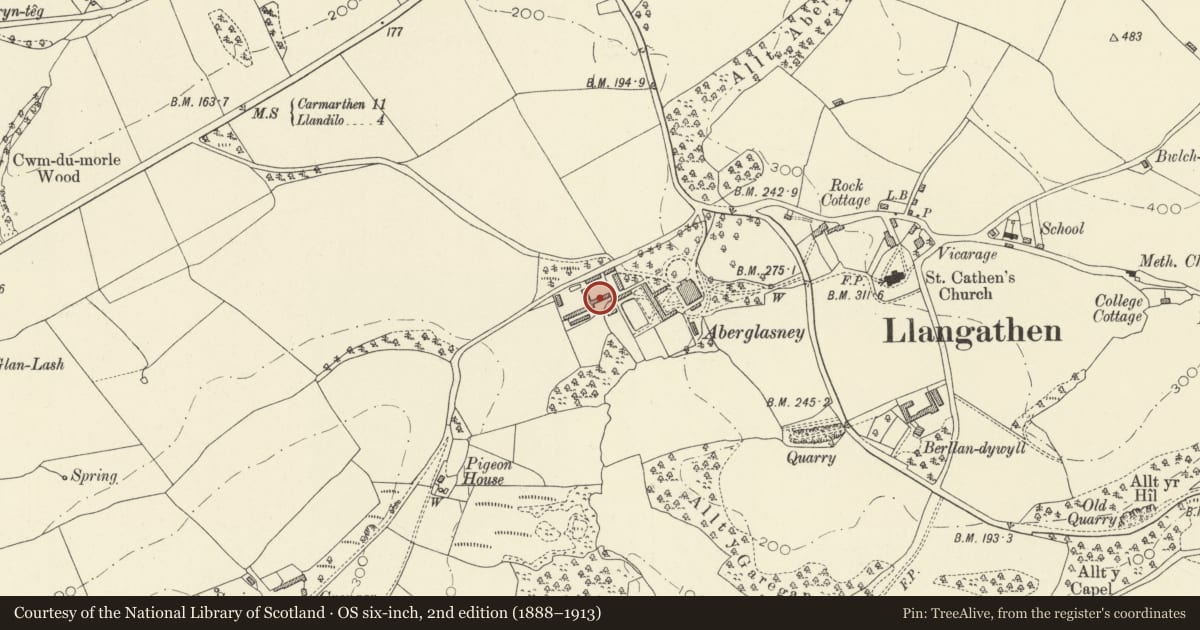Ordnance Survey six-inch map, 2nd edition (1888–1913) covering the location of SE courtyard range, incorporating bakehouse and cow house at Aberglasney, Llangathen, Carmarthenshire, with a pin at the register's coordinates