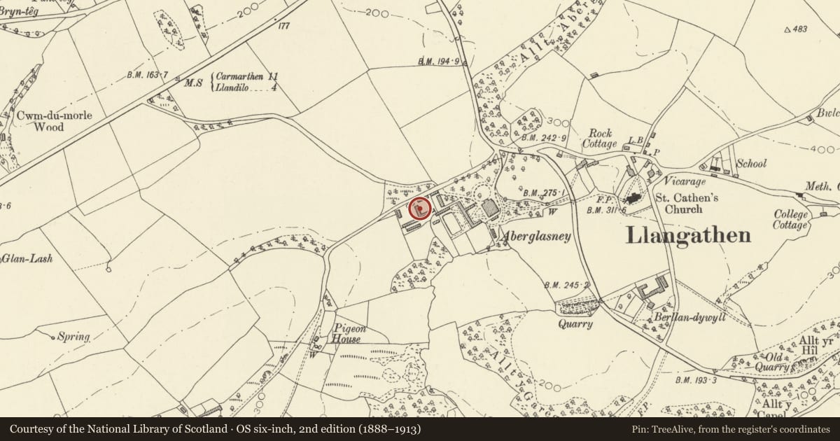Ordnance Survey six-inch map, 2nd edition (1888–1913) covering the location of The Coach House and The Barn at Aberglasney, Llangathen, Carmarthenshire, with a pin at the register's coordinates