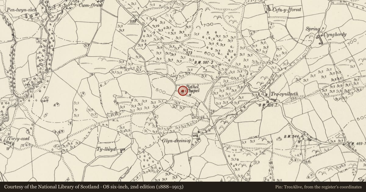 Ordnance Survey six-inch map, 2nd edition (1888–1913) covering the location of Old Bethel Chapel, Cwmamman, Carmarthenshire, with a pin at the register's coordinates