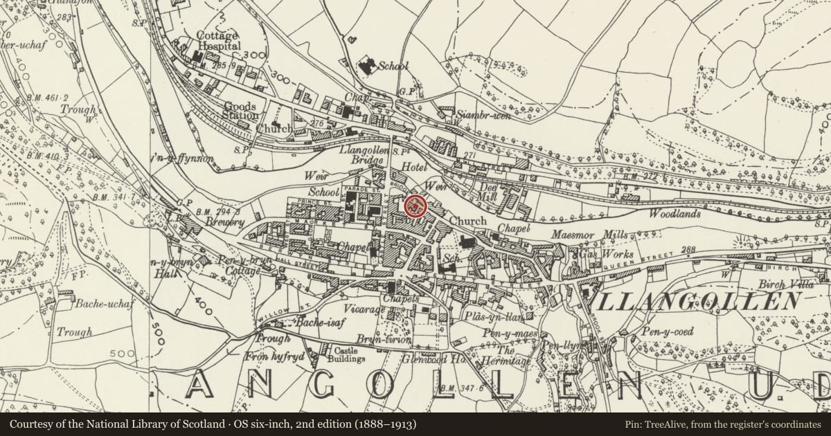 Ordnance Survey six-inch map, 2nd edition (1888–1913) covering the location of 16 Bridge Street, Llangollen, Denbighshire, with a pin at the register's coordinates