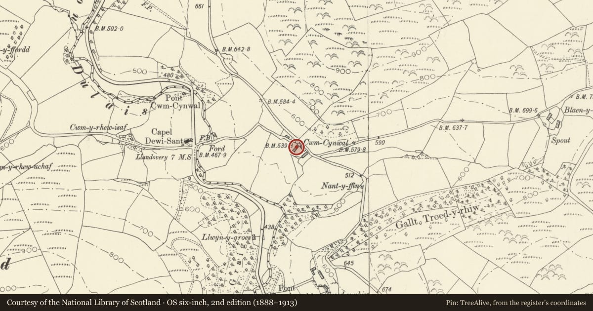 Ordnance Survey six-inch map, 2nd edition (1888–1913) covering the location of Cwm Cynwal, Llanwrda, Carmarthenshire, with a pin at the register's coordinates