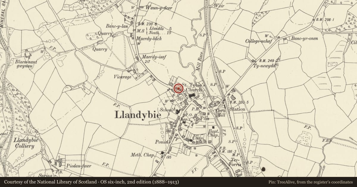 Ordnance Survey six-inch map, 2nd edition (1888–1913) covering the location of Agricultural Range Opposite Red Lion Inn, Llandybie, Carmarthenshire, with a pin at the register's coordinates