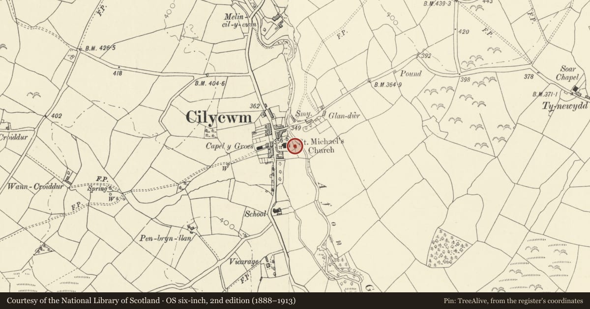 Ordnance Survey six-inch map, 2nd edition (1888–1913) covering the location of Yr Ysgoldy Fach, Cilycwm, Carmarthenshire, with a pin at the register's coordinates