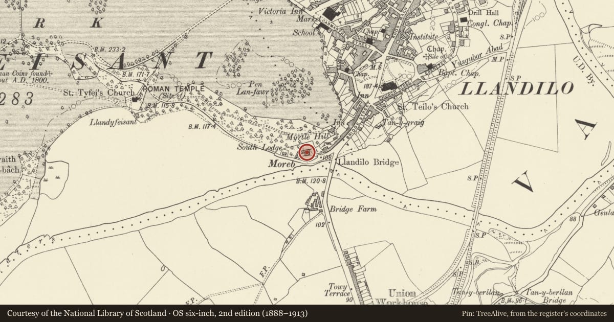 Ordnance Survey six-inch map, 2nd edition (1888–1913) covering the location of 21 Bridge Street, Llandeilo, Carmarthenshire, with a pin at the register's coordinates