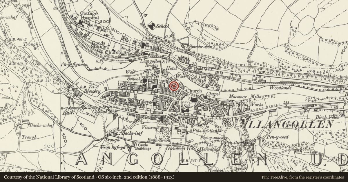 Ordnance Survey six-inch map, 2nd edition (1888–1913) covering the location of Gales Wine Bar, Llangollen, Denbighshire, with a pin at the register's coordinates