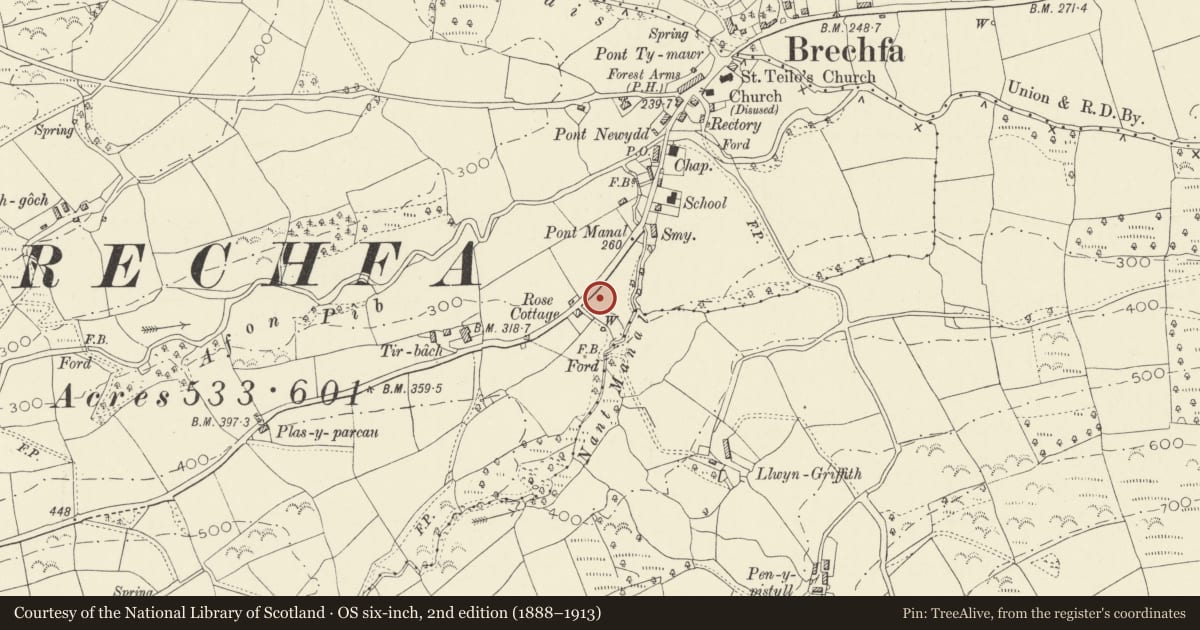 Ordnance Survey six-inch map, 2nd edition (1888–1913) covering the location of Stables and coach house at Brechfa House, Llanegwad, Carmarthenshire, with a pin at the register's coordinates