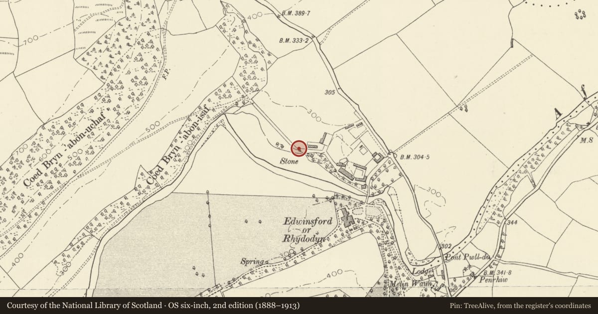 Ordnance Survey six-inch map, 2nd edition (1888–1913) covering the location of Dovecote at Edwinsford, Llansawel, Carmarthenshire, with a pin at the register's coordinates