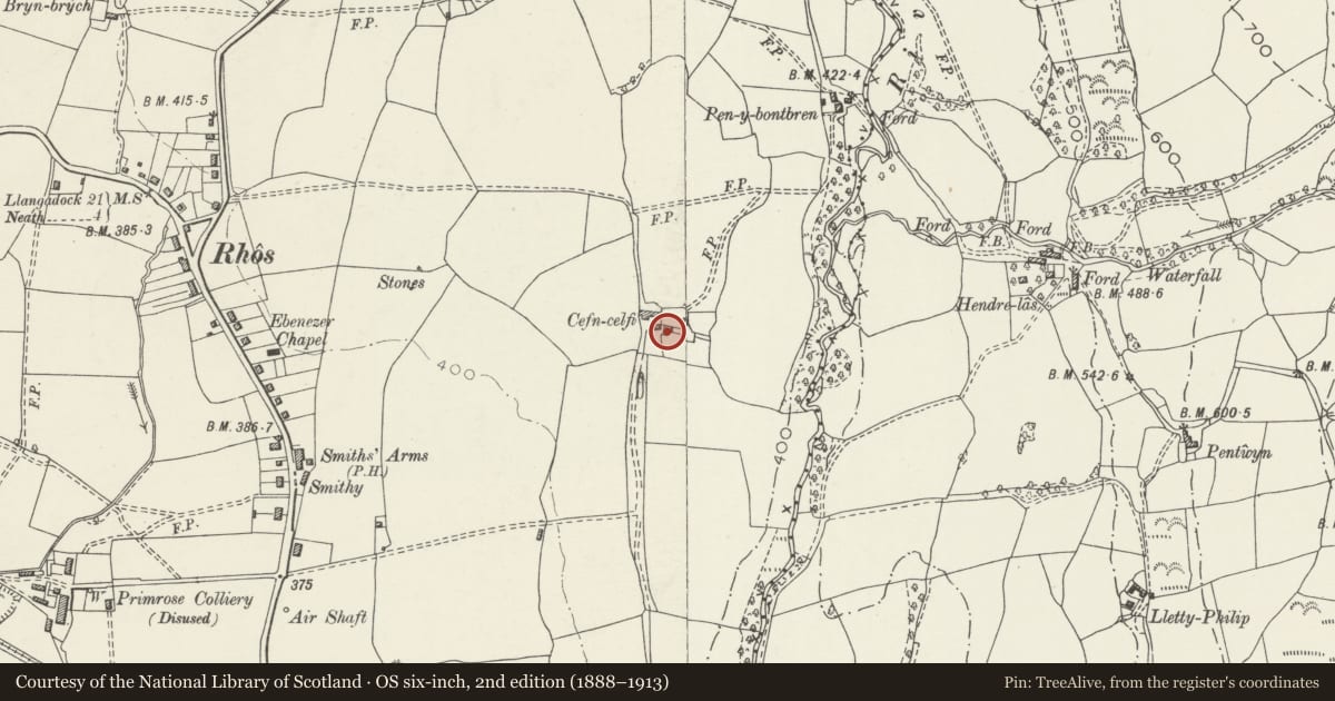 Ordnance Survey six-inch map, 2nd edition (1888–1913) covering the location of Cefn Celfi, Cilybebyll, Neath Port Talbot, with a pin at the register's coordinates