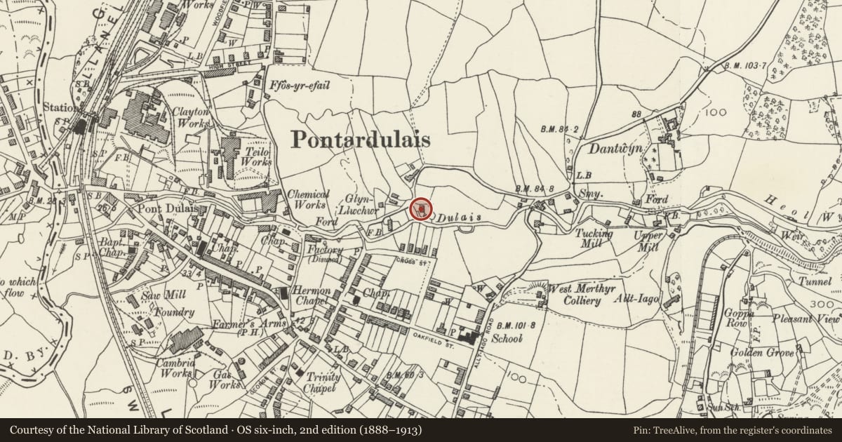 Ordnance Survey six-inch map, 2nd edition (1888–1913) covering the location of Y Bwthyn, Pontardulais, Swansea, with a pin at the register's coordinates