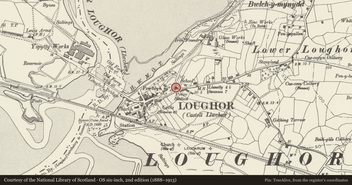 Ordnance Survey six-inch map, 2nd edition (1888–1913) covering the location of The Old Town Hall, Llwchwr, Swansea, with a pin at the register's coordinates