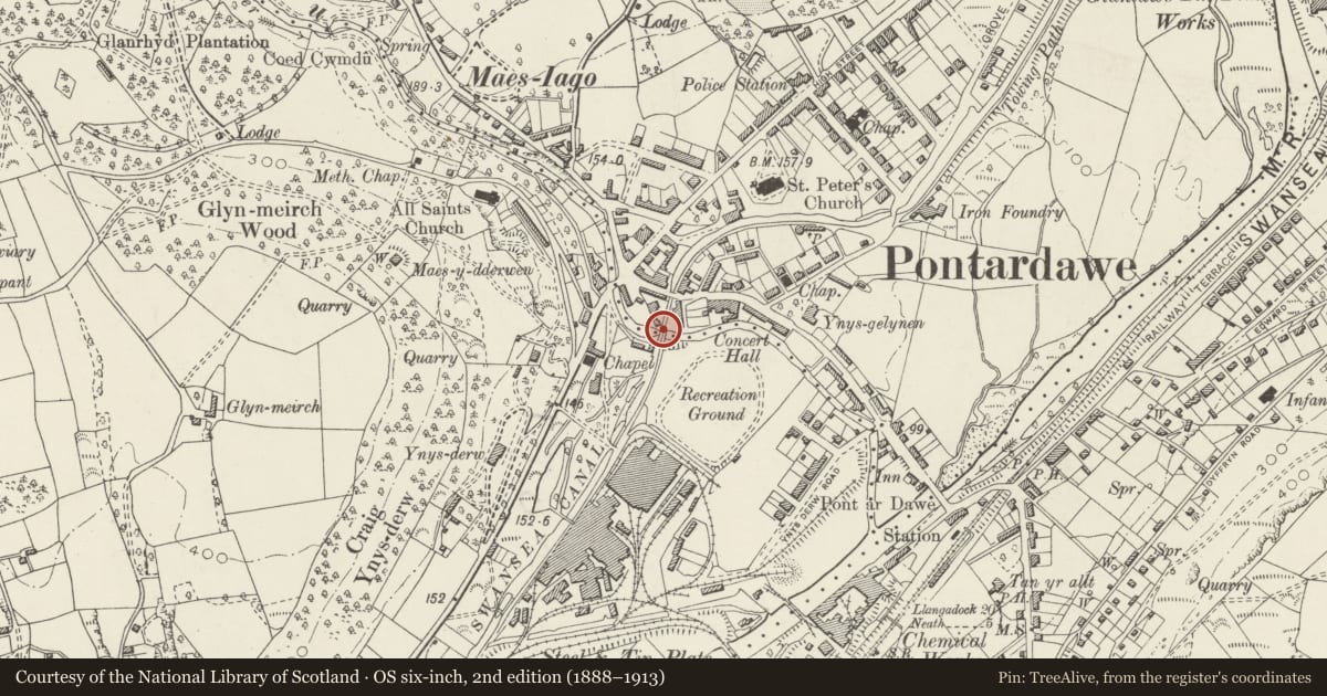 Ordnance Survey six-inch map, 2nd edition (1888–1913) covering the location of Upper Clydach Aqueduct and Overflow on Swansea Canal, Pontardawe, Neath Port Talbot, with a pin at the register's coordinates