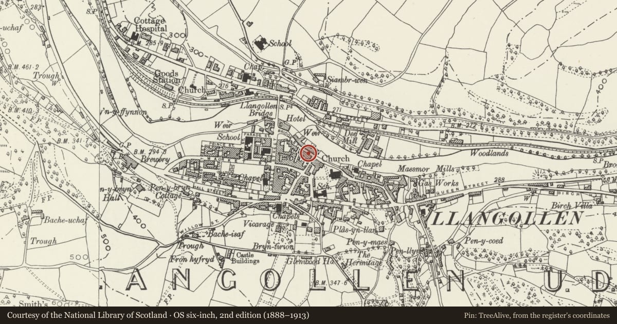 Ordnance Survey six-inch map, 2nd edition (1888–1913) covering the location of Henblas, Llangollen, Denbighshire, with a pin at the register's coordinates