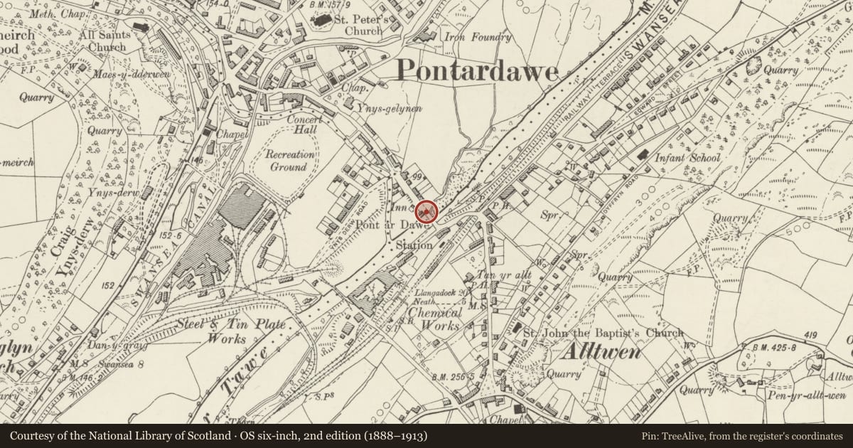 Ordnance Survey six-inch map, 2nd edition (1888–1913) covering the location of Pont ar Dawe (partly in Cilybebyll community), Pontardawe, Neath Port Talbot, with a pin at the register's coordinates
