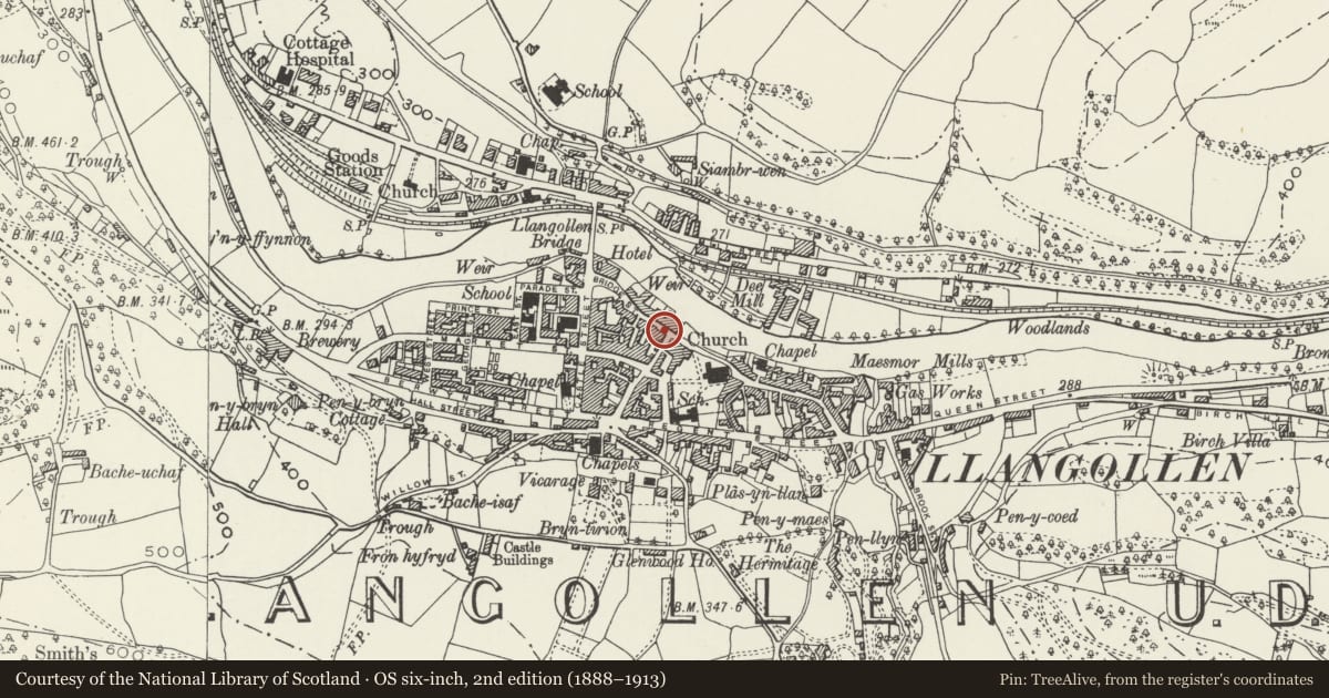 Ordnance Survey six-inch map, 2nd edition (1888–1913) covering the location of 24 Bridge Street, Llangollen, Denbighshire, with a pin at the register's coordinates