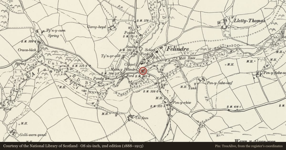 Ordnance Survey six-inch map, 2nd edition (1888–1913) covering the location of The Water Mill/Melin Felindre, Mawr, Swansea, with a pin at the register's coordinates