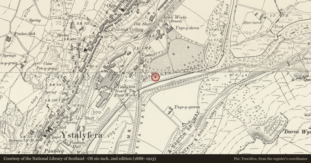 Ordnance Survey six-inch map, 2nd edition (1888–1913) covering the location of Slag wall at W end of Glanyravon, Ystalyfera, Neath Port Talbot, with a pin at the register's coordinates