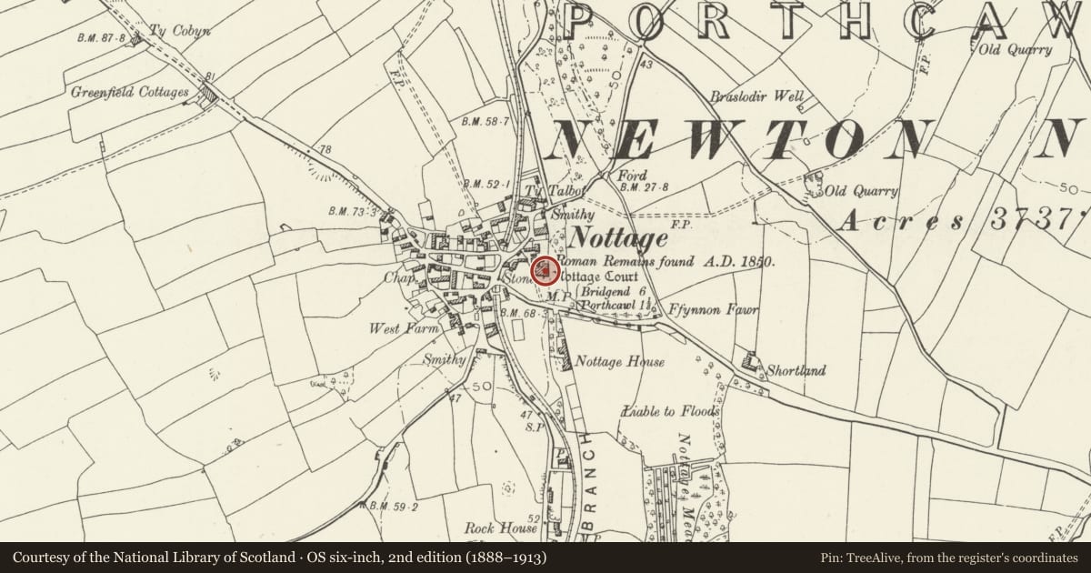 Ordnance Survey six-inch map, 2nd edition (1888–1913) covering the location of Nottage Court, Porthcawl, Bridgend, with a pin at the register's coordinates