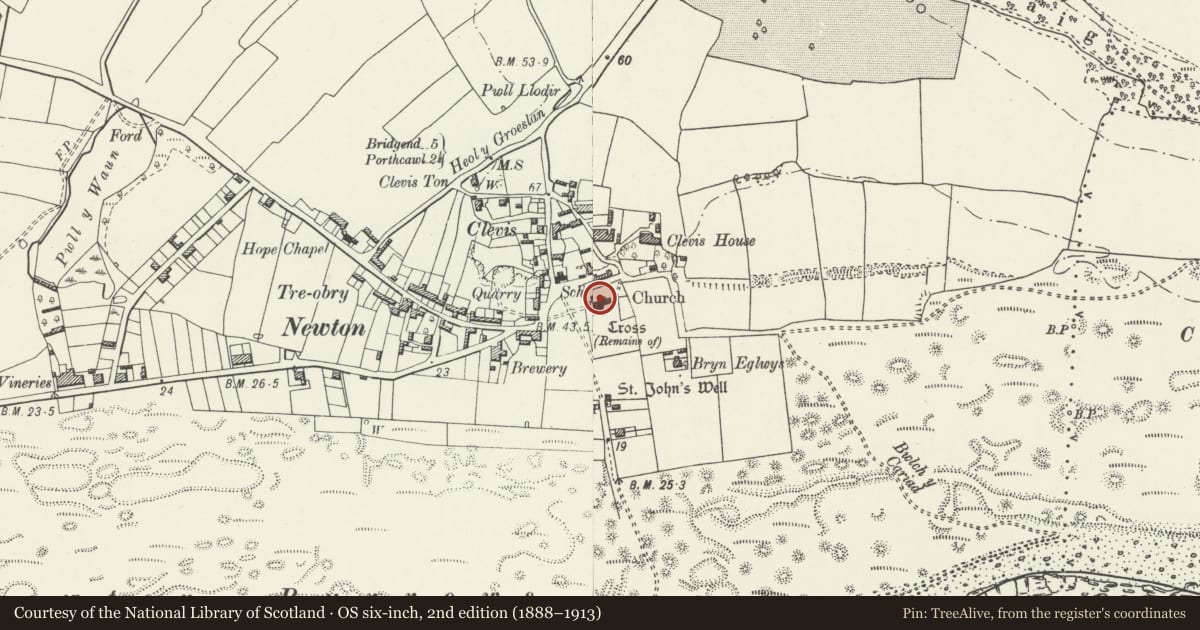 Ordnance Survey six-inch map, 2nd edition (1888–1913) covering the location of Church of St John the Baptist, Porthcawl, Bridgend, with a pin at the register's coordinates