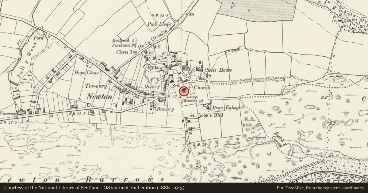Ordnance Survey six-inch map, 2nd edition (1888–1913) covering the location of Churchyard Cross, Porthcawl, Bridgend, with a pin at the register's coordinates