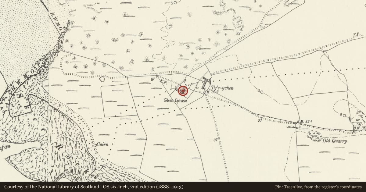 Ordnance Survey six-inch map, 2nd edition (1888–1913) covering the location of Sker House, Cornelly, Bridgend, with a pin at the register's coordinates