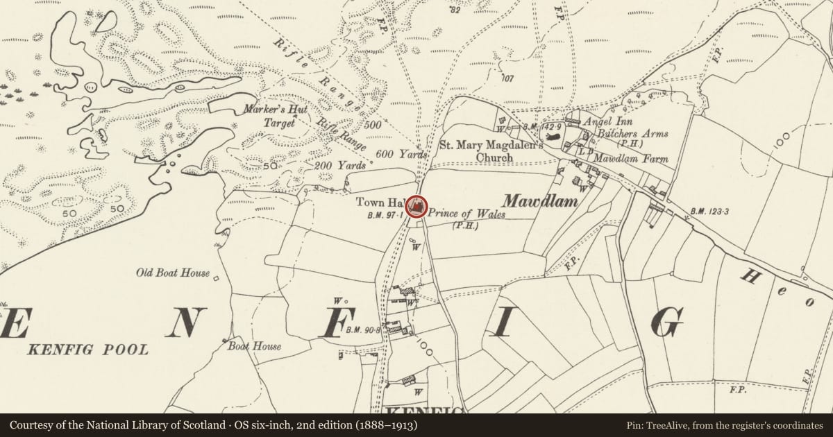 Ordnance Survey six-inch map, 2nd edition (1888–1913) covering the location of Prince of Wales Inn, also known as Ty Newydd, Cornelly, Bridgend, with a pin at the register's coordinates