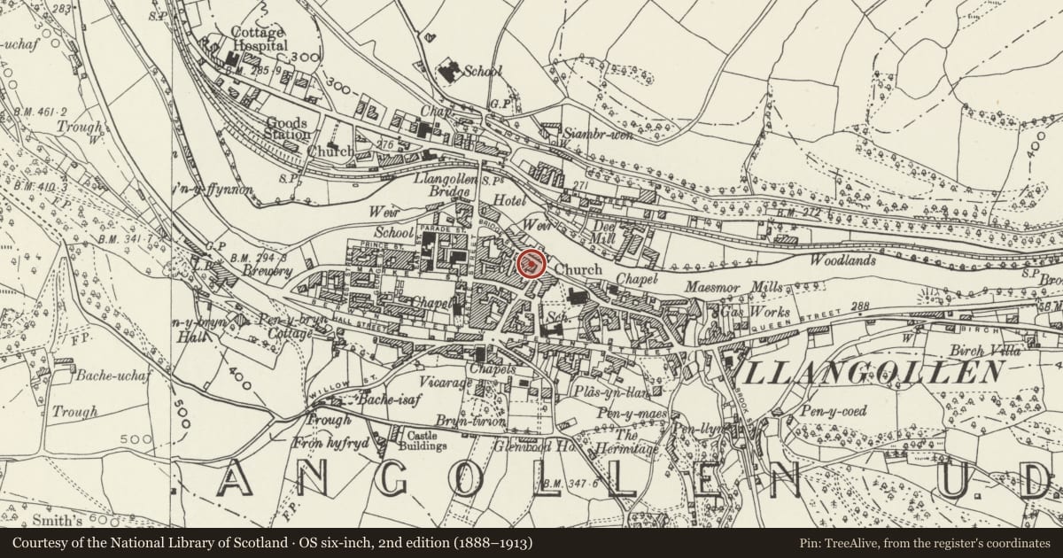 Ordnance Survey six-inch map, 2nd edition (1888–1913) covering the location of Tregarth, Llangollen, Denbighshire, with a pin at the register's coordinates