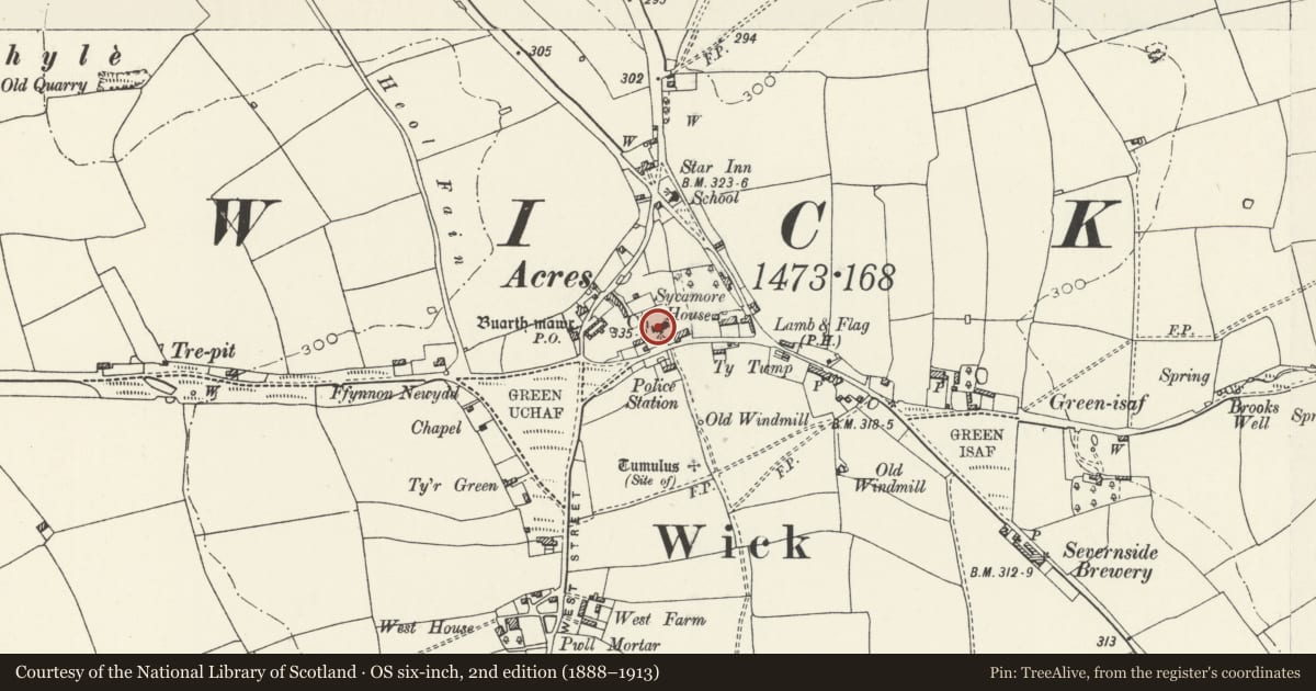Ordnance Survey six-inch map, 2nd edition (1888–1913) covering the location of Church of St. James, Wick, Vale of Glamorgan, with a pin at the register's coordinates