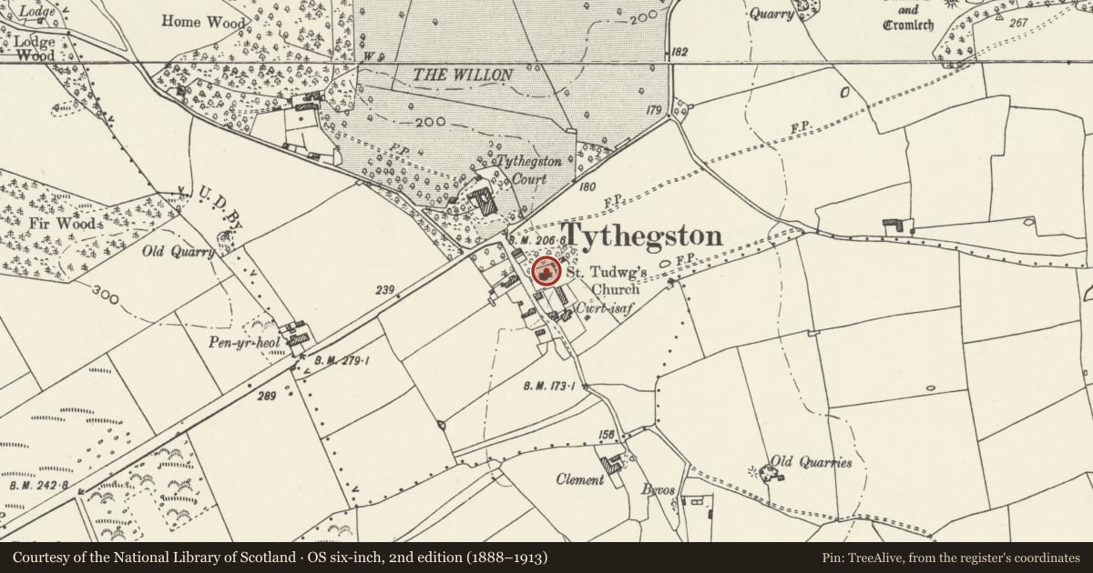 Ordnance Survey six-inch map, 2nd edition (1888–1913) covering the location of Church of St Tudwg, Merthyr Mawr, Bridgend, with a pin at the register's coordinates