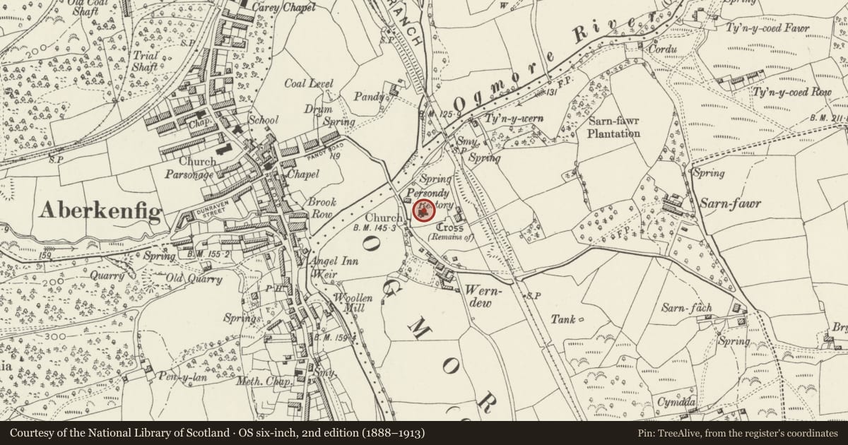 Ordnance Survey six-inch map, 2nd edition (1888–1913) covering the location of Church of St Ffraid aka St Bride, Llansantffraid, St. Bride's Minor, Bridgend, with a pin at the register's coordinates