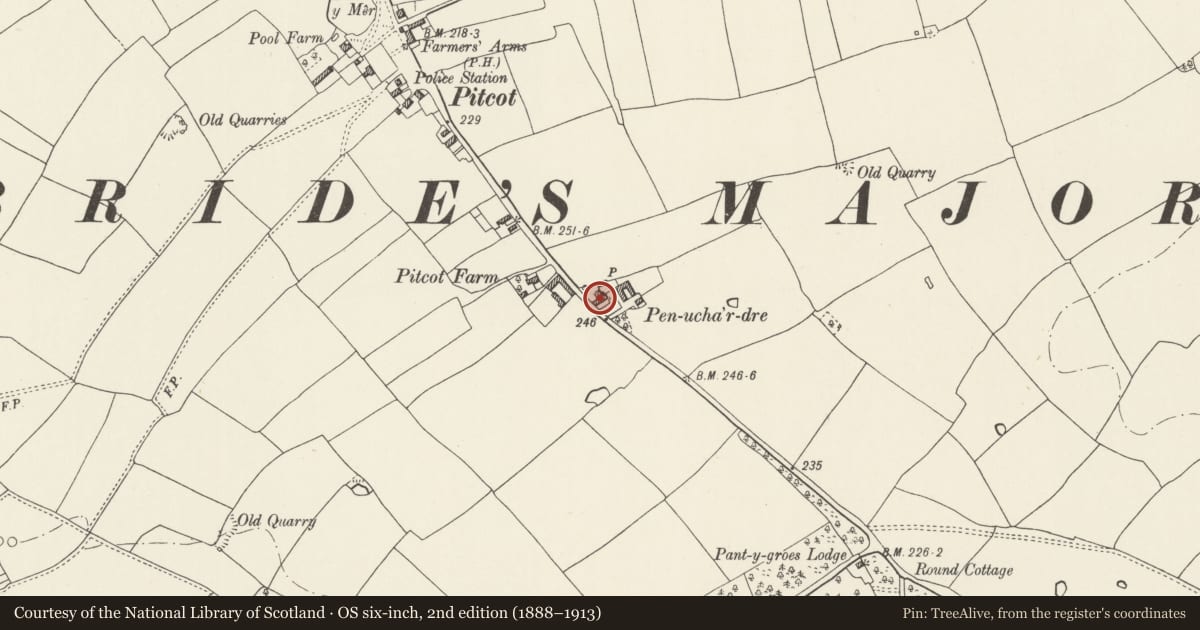 Ordnance Survey six-inch map, 2nd edition (1888–1913) covering the location of Pen Ucha Dre, St. Bride's Major, Vale of Glamorgan, with a pin at the register's coordinates