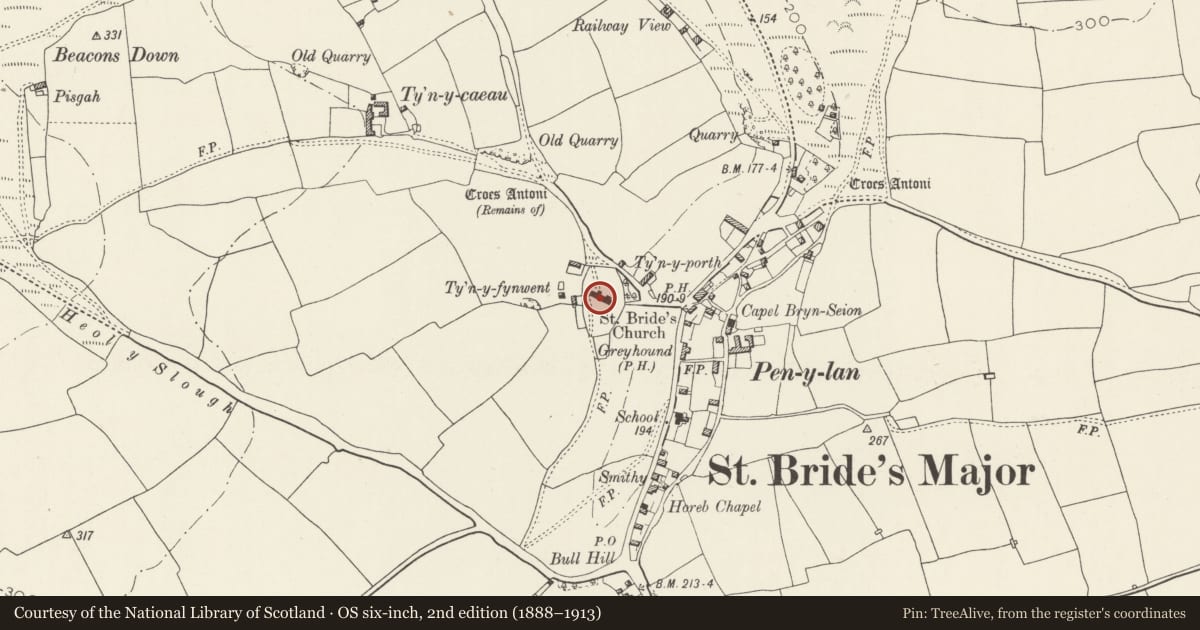 Ordnance Survey six-inch map, 2nd edition (1888–1913) covering the location of Church of St Bridget, St. Bride's Major, Vale of Glamorgan, with a pin at the register's coordinates