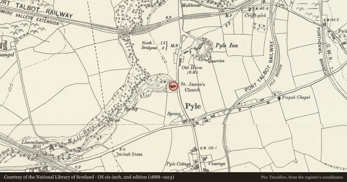 Ordnance Survey six-inch map, 2nd edition (1888–1913) covering the location of Church of St James, Pyle with Kenfig, Bridgend, with a pin at the register's coordinates