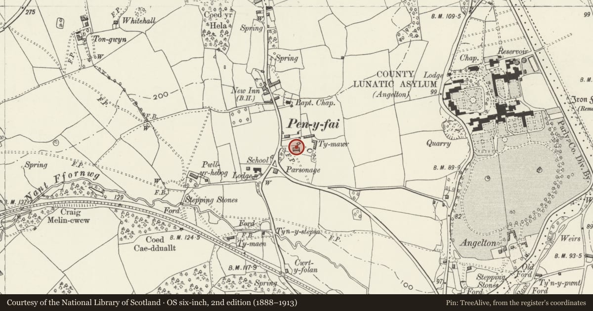 Ordnance Survey six-inch map, 2nd edition (1888–1913) covering the location of The Pheasant, Newcastle Higher, Bridgend, with a pin at the register's coordinates
