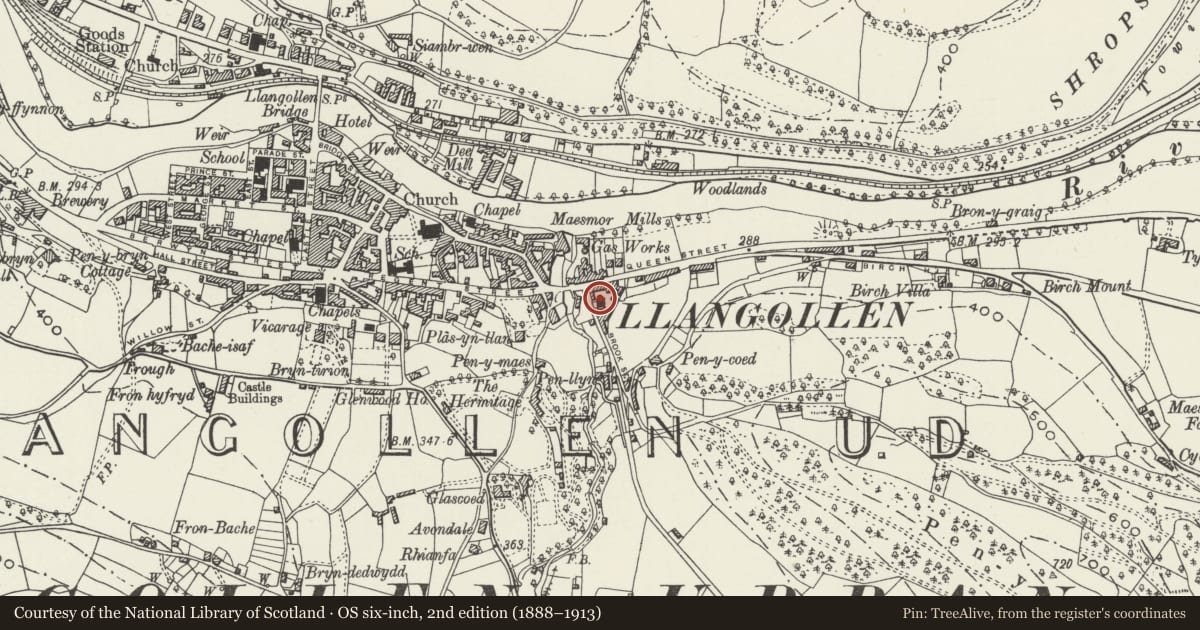 Ordnance Survey six-inch map, 2nd edition (1888–1913) covering the location of Penllyn Evangelical Free Church, Llangollen, Denbighshire, with a pin at the register's coordinates