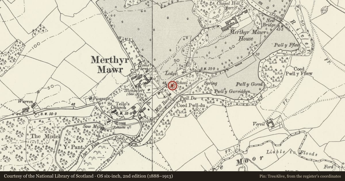 Ordnance Survey six-inch map, 2nd edition (1888–1913) covering the location of The Old School House, Merthyr Mawr, Bridgend, with a pin at the register's coordinates
